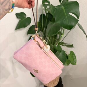Coach Pink Double-Zip Wristlet with Heart Charm